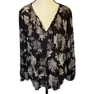 Lucky Brand Long Sleeve Black White Floral Tassel Tie Blouse Women's Large Top